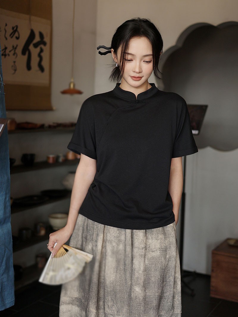 Chinese Style Womens Tang Zhuang Casual Blouse Loose Short Sleeve Shirts Tops