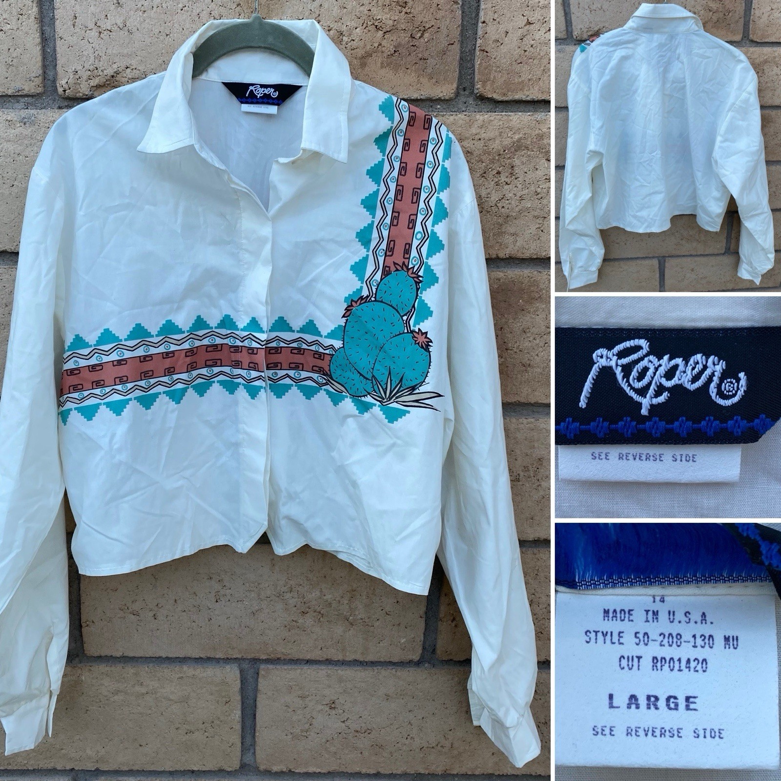 Vintage Roper Western Southwestern Cactus Cropped Cowgirl Shirt 80s 90s Size L