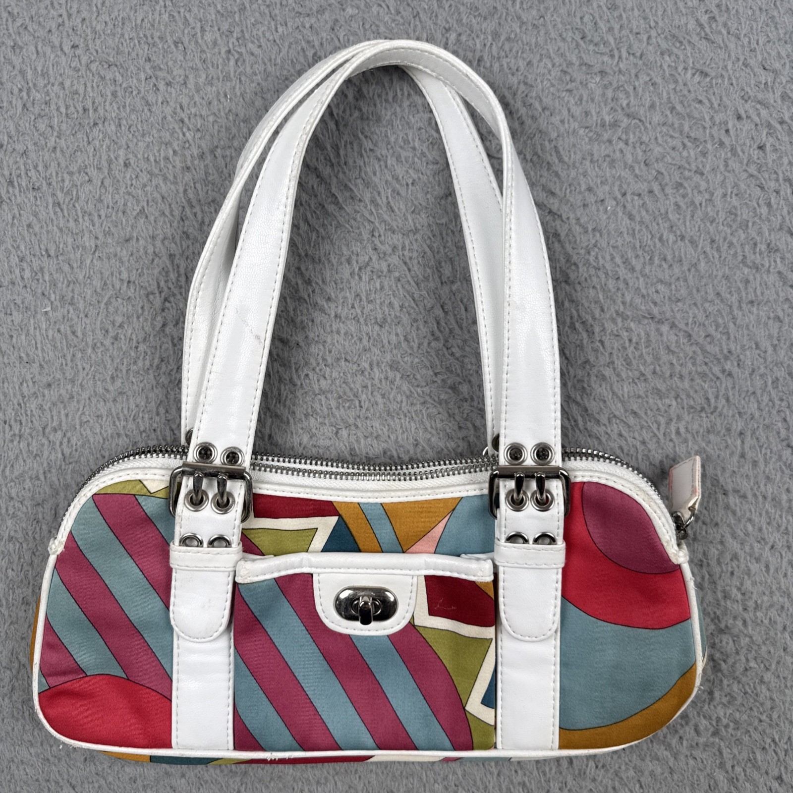 Isabella Fiore Silk Leather Handbag White MultiColor Geometric Y2K Purse 70s EOC