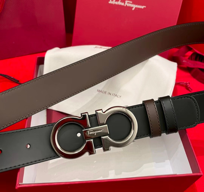 Salvatore Ferragamo Reversible Leather Belt Silver Black/Brown With Box New