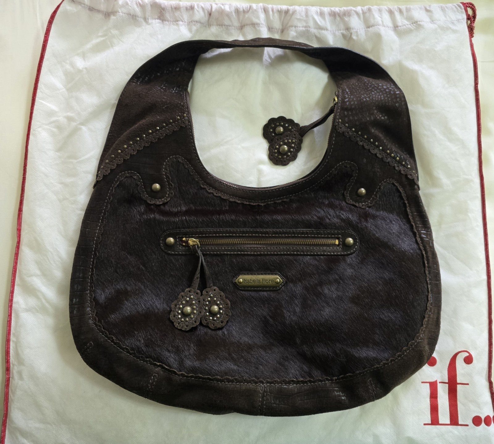 Isabella Fiore NWT, Brown Leather/Calf Hair Studded Hobo Bag, Aldic Ging RARE