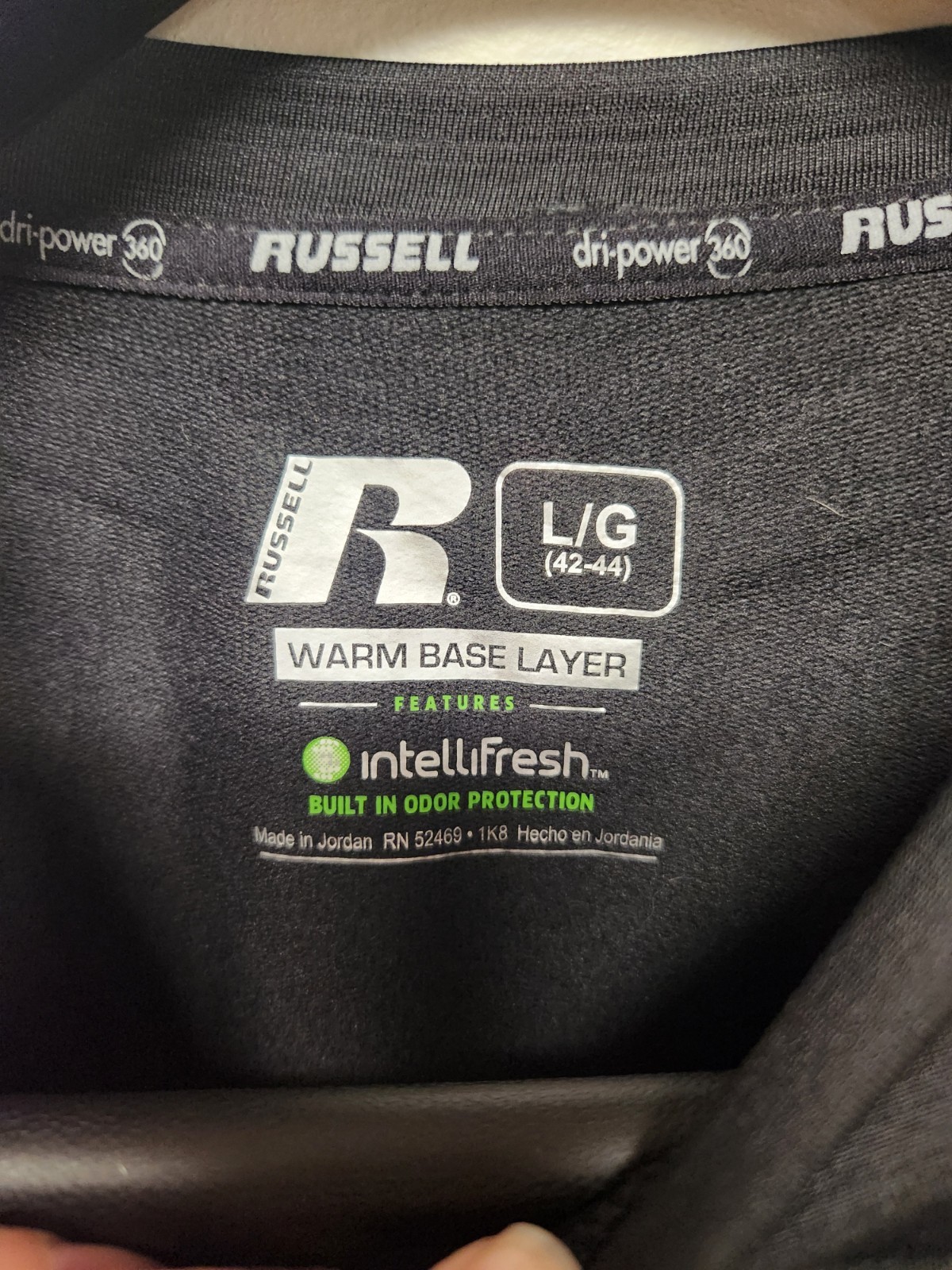 Men Dri-Power 360 Large Long Sleeve Black Shirt Russell Built-In Odor Protection