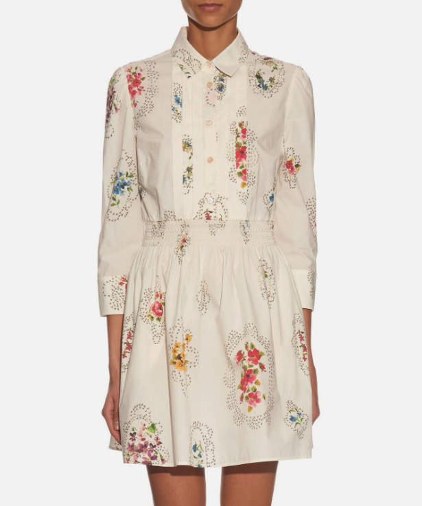 Red Valentino Floral Print Smocked Long Sleeve Mini Shirt Dress sz 48 Pre-owned