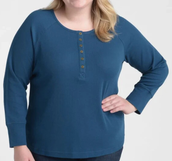 CJ Banks Size 2X Dark Teal Blue thermal henley knit top, raglan sleeve, NWT