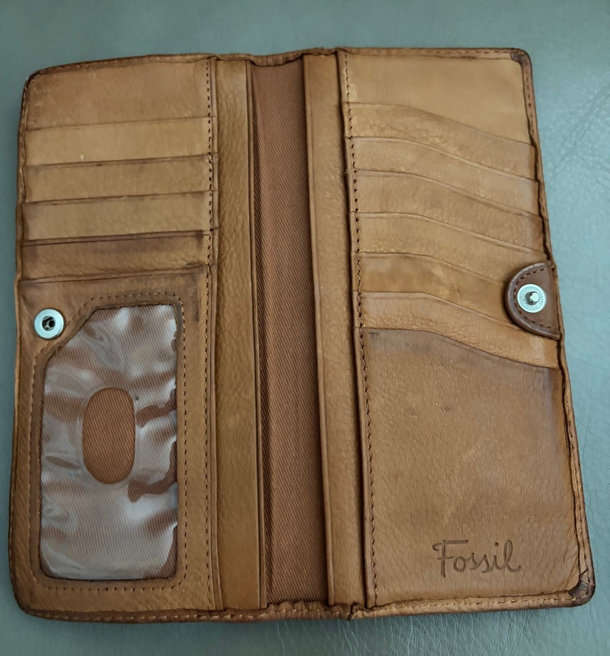 Fossil Vintage Leather Wallet Brown, Kiss Lock, Coin Pouch with 12 Card Holders