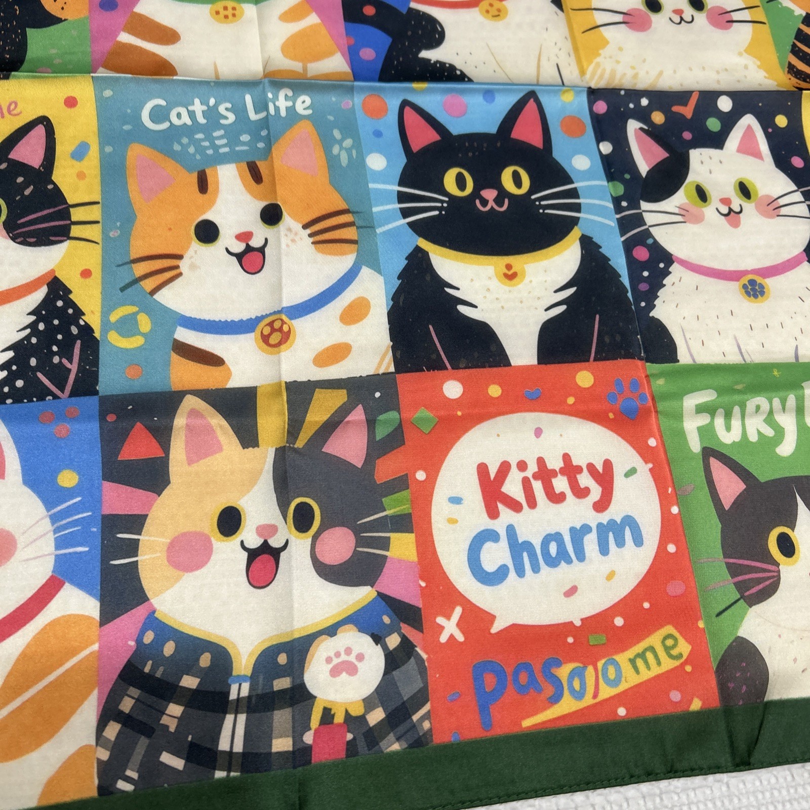 Colorful Cats Funky Fun 26” Square Scarf Floaty Green Border New Breeds Kitties