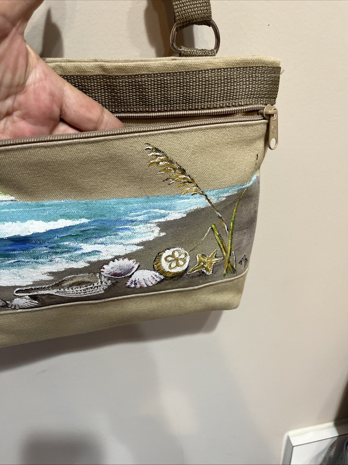 Hand painted Canvas Coastal Crossbody Bag Very Clean Condition. Well Made