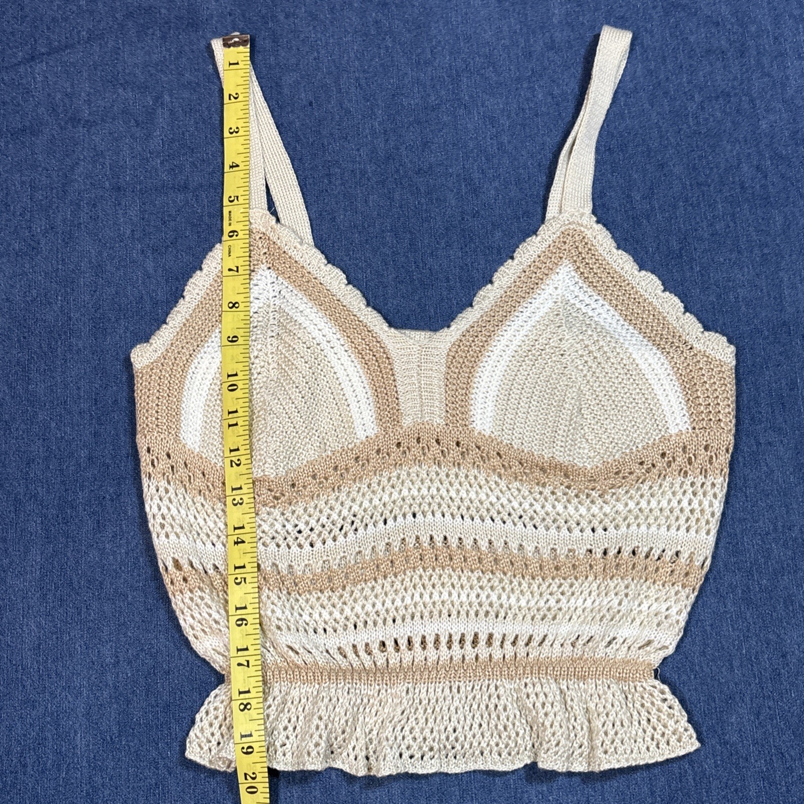 Madden NYC Crochet Knit Strappy Ruffle Elastic Hem Tank Top Womens Sz L