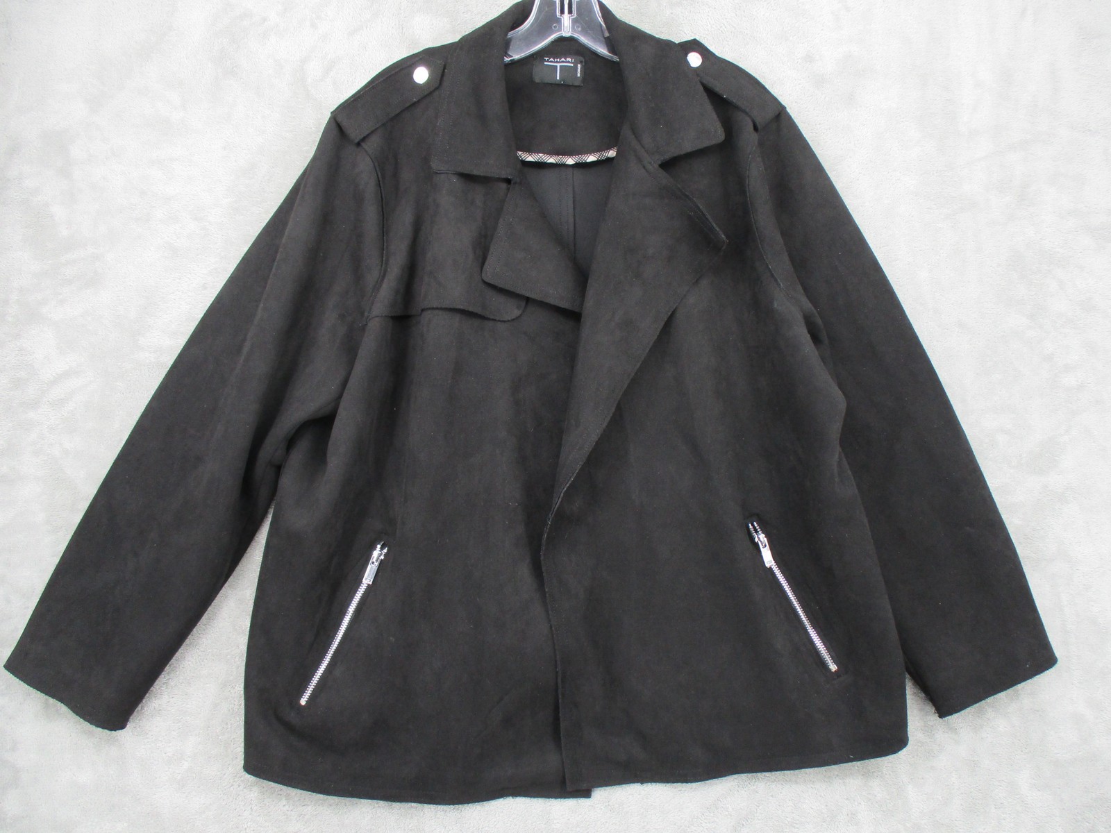 Tahari Jacket XL Vegan Suede Moto Zip Pockets Open Front Lightweight Grunge