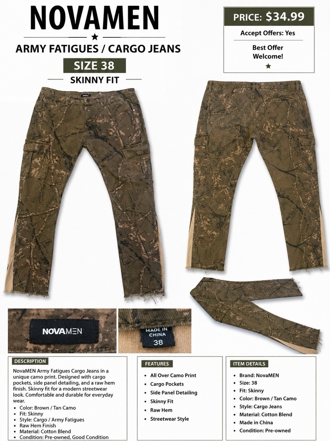 NovaMEN Men’s Skinny Cargo Jeans Brown/Tan Camo Cotton Blend Mid Rise Zip