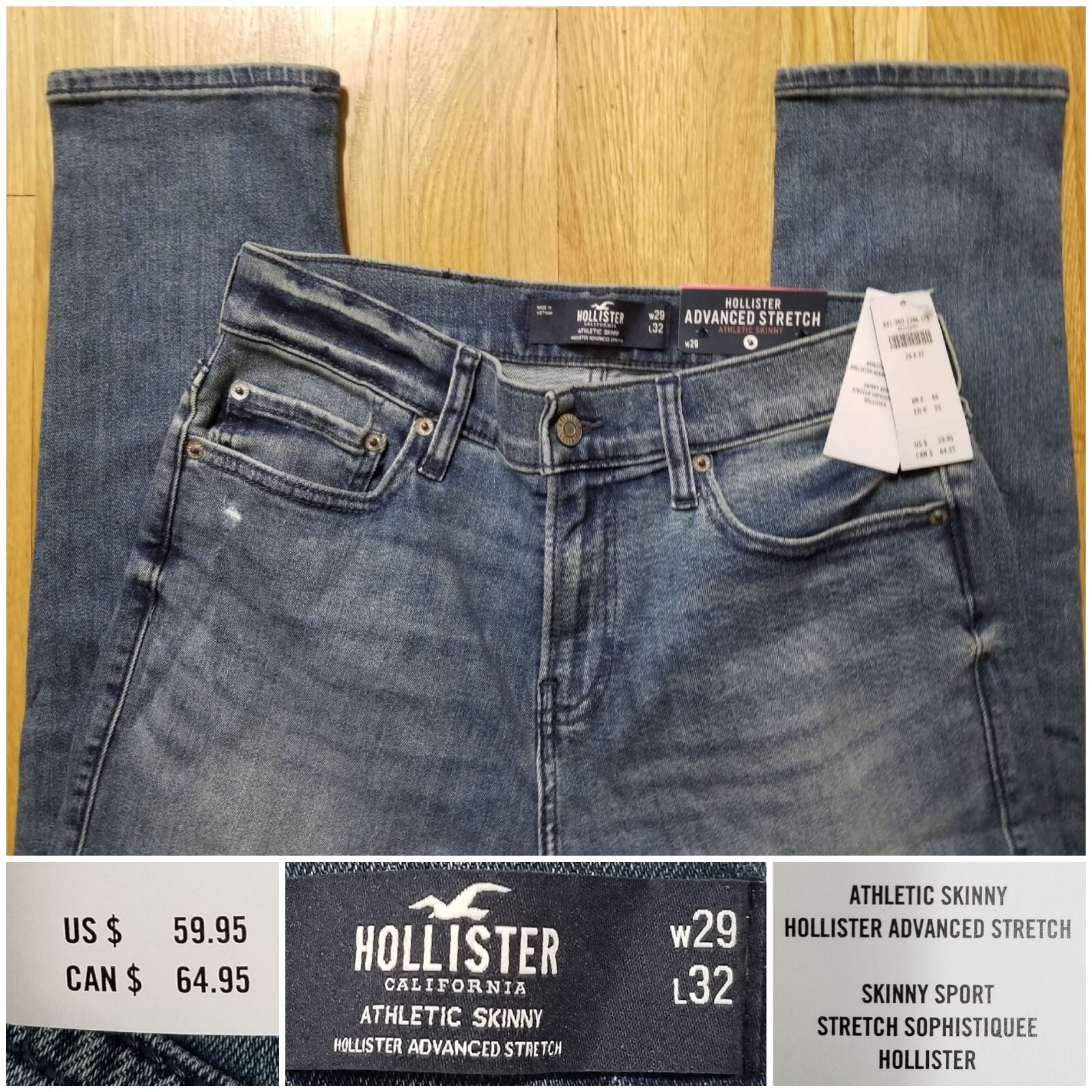NWT $59.95 Hollister Jeans Men’s 29 x 32″ Athletic Skinny Advanced Stretch Sport