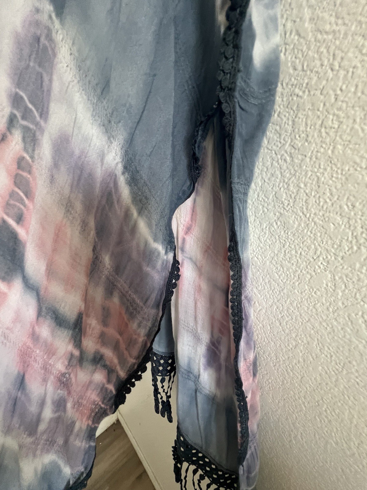 Woven Heart Tie-Dye Open Front Kimono Top Crochet Lace Fringe Blue White Pink L