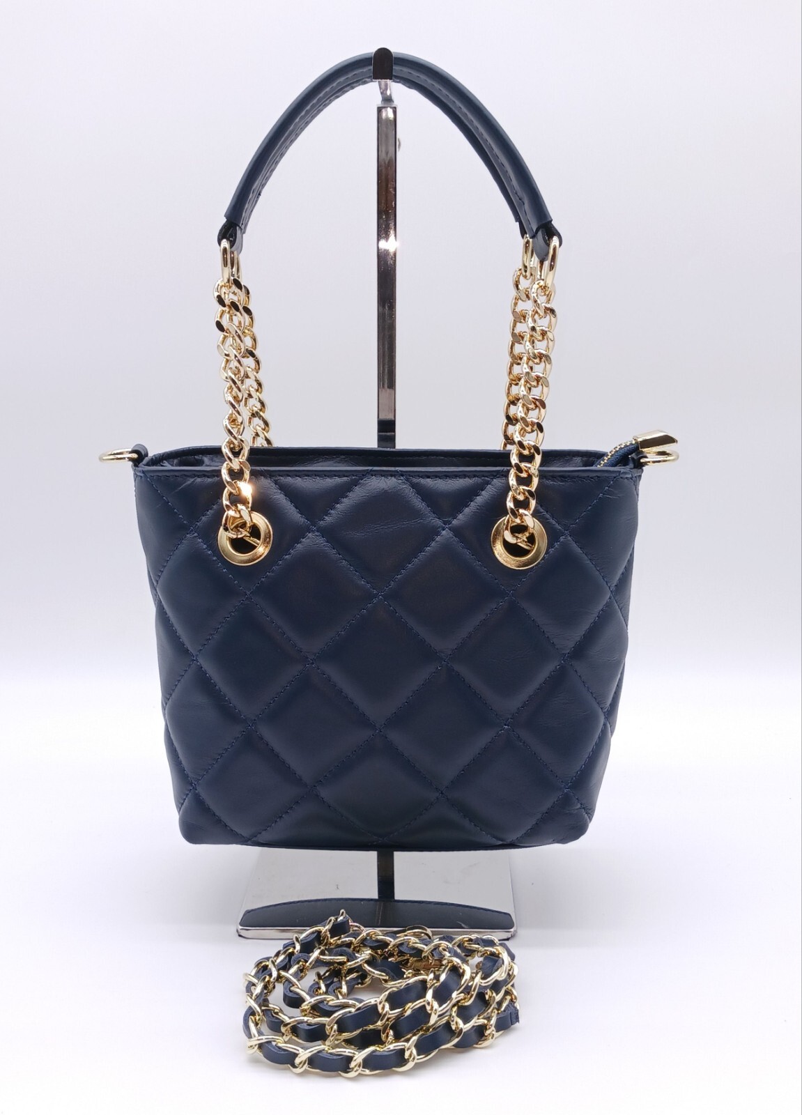 Italian Genuine Leather Small Quilted Tote Crossbody – Made In Italy – Dark Blue
