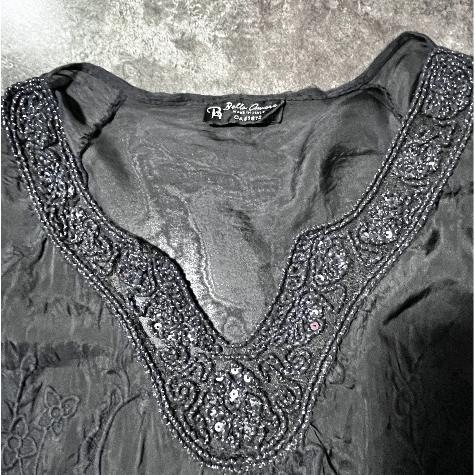 Whimsical Goth Blouse Bella Amore Black Beaded V Neck Sheer Embroidered