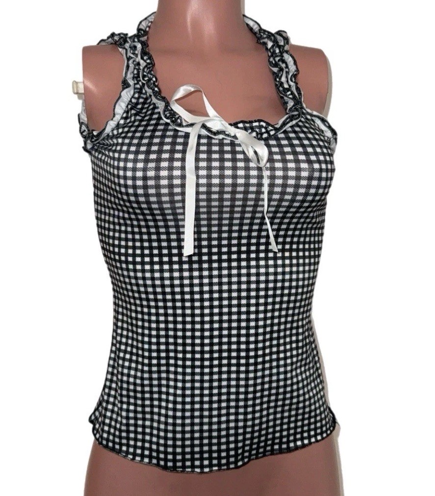 Black Gingham Ribbon Ruffle Gurlie Top Country Vibes S New Rave Casual Party