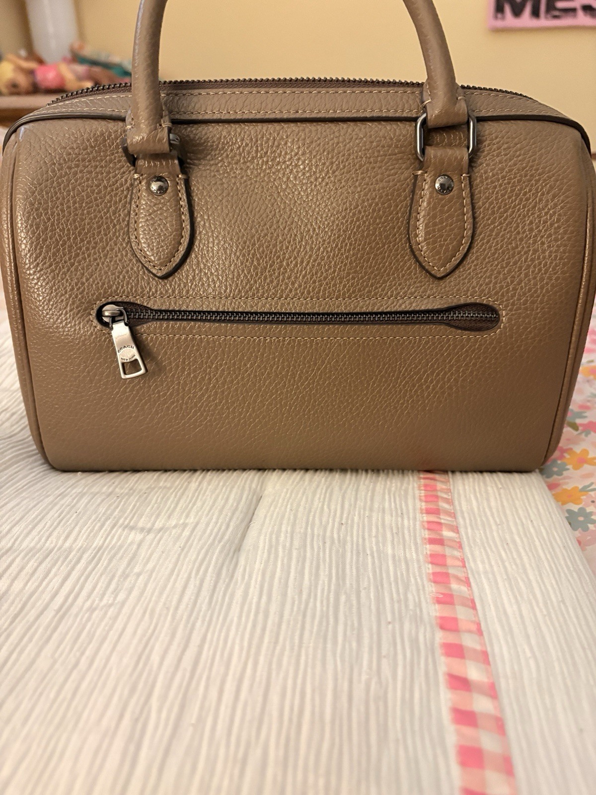Coach Brown Pebbled Satchel Top Handle Zip, Silver Hardware, Bag Charm