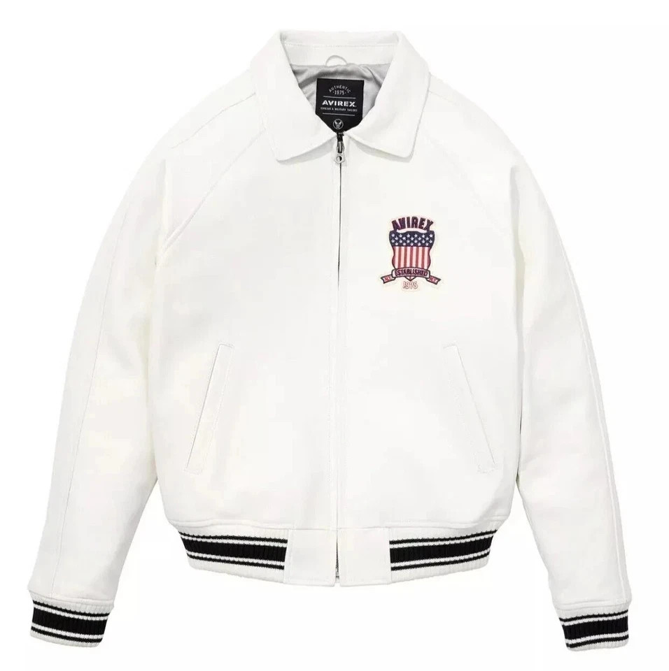 Men Avirex White Real Bomber American Flight Jacket PU Leather Jacket for Men