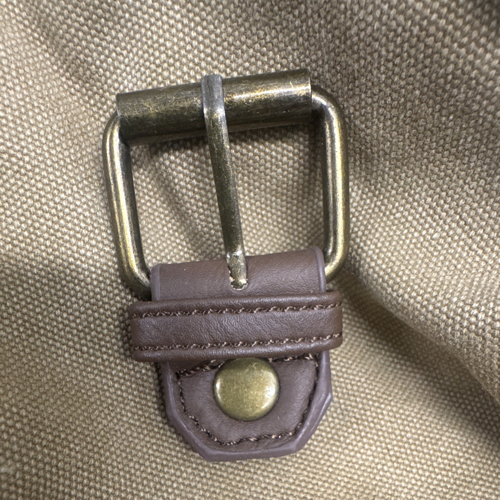 Vtg Canvas Backpack Leather Straps Buckles Brown Khaki Rucksack Mountaineering