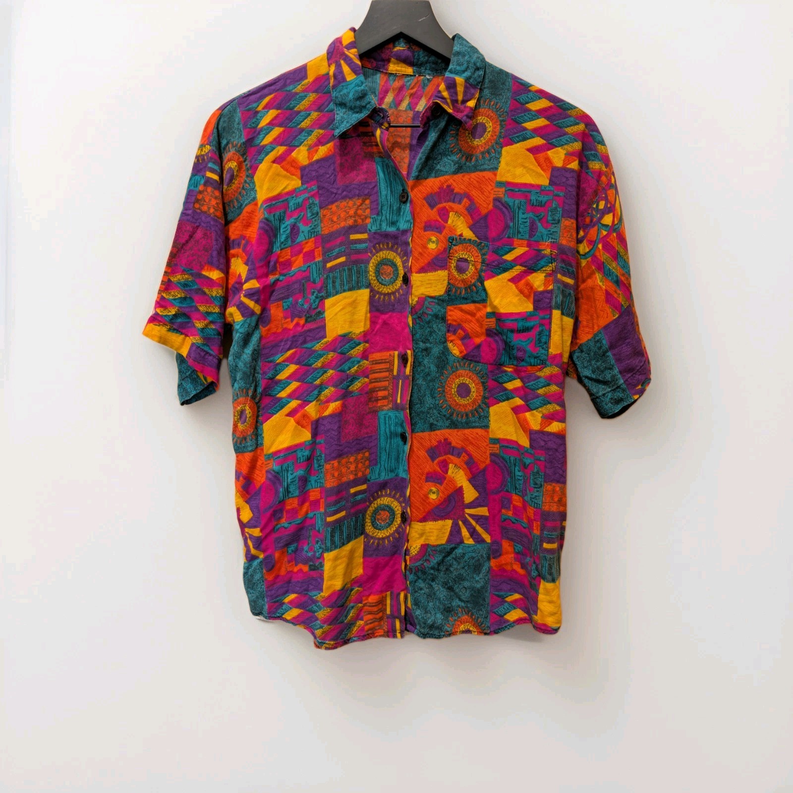 90s retro colors Shirt Button Up Geometric retro pattern Short Sleeve Multicolor