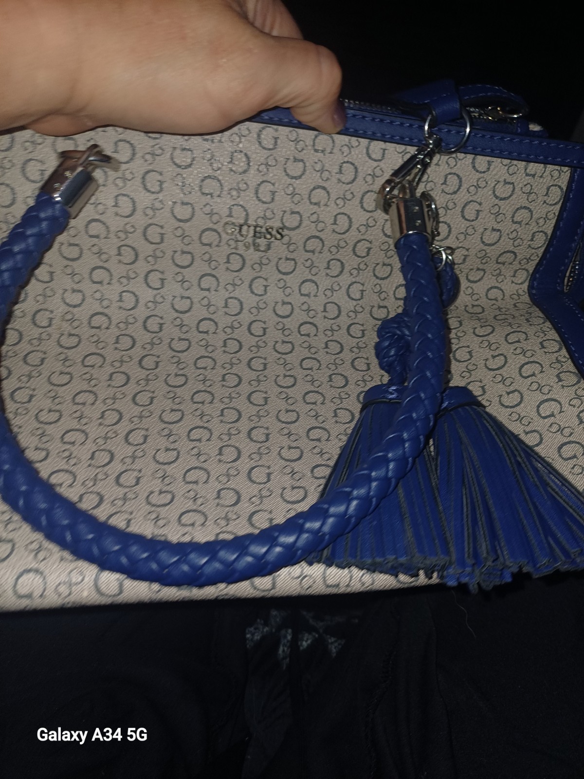 GUESS Logo Satchel Top Handle Zip Handbag Beige/Blue Tassel Charm Silver