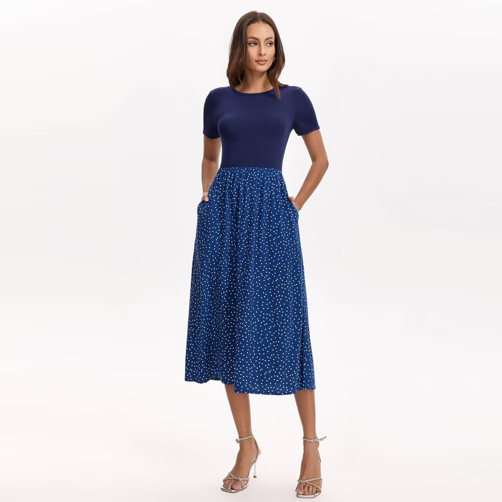 Women Short Sleeve Contrast Midi Dress – A New Day Navy Blue