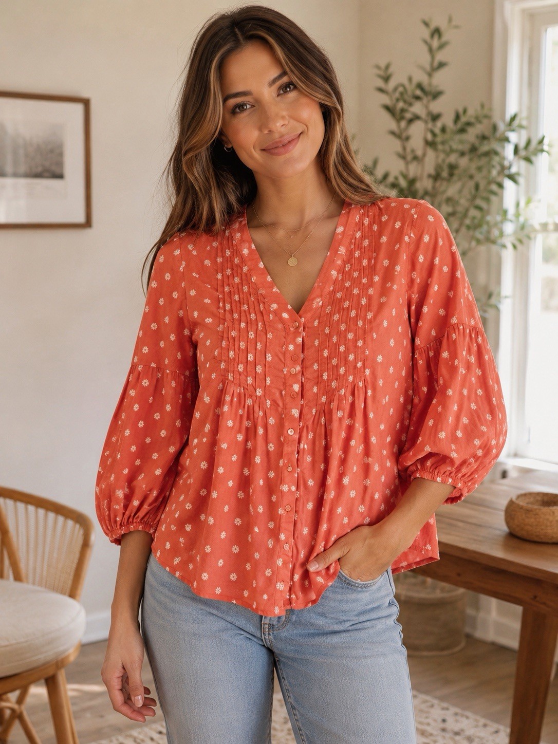 J. Jill Coral Floral Pintuck Peasant Blouse Balloon Sleeve Boho Top Women