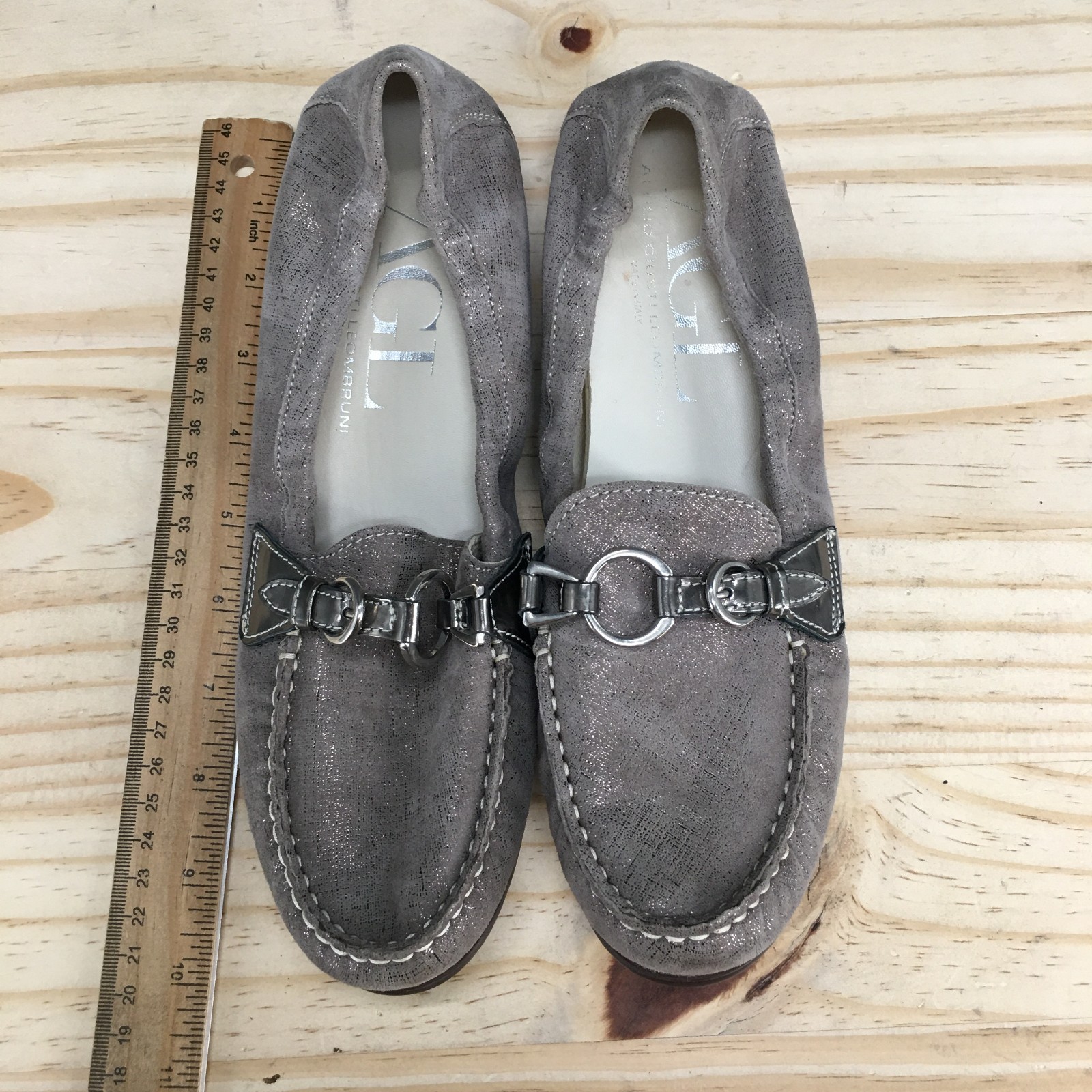 AGL Attilio Giusti Leombruni Loafers Womens 39 Taupe Suede Metallic Slip On