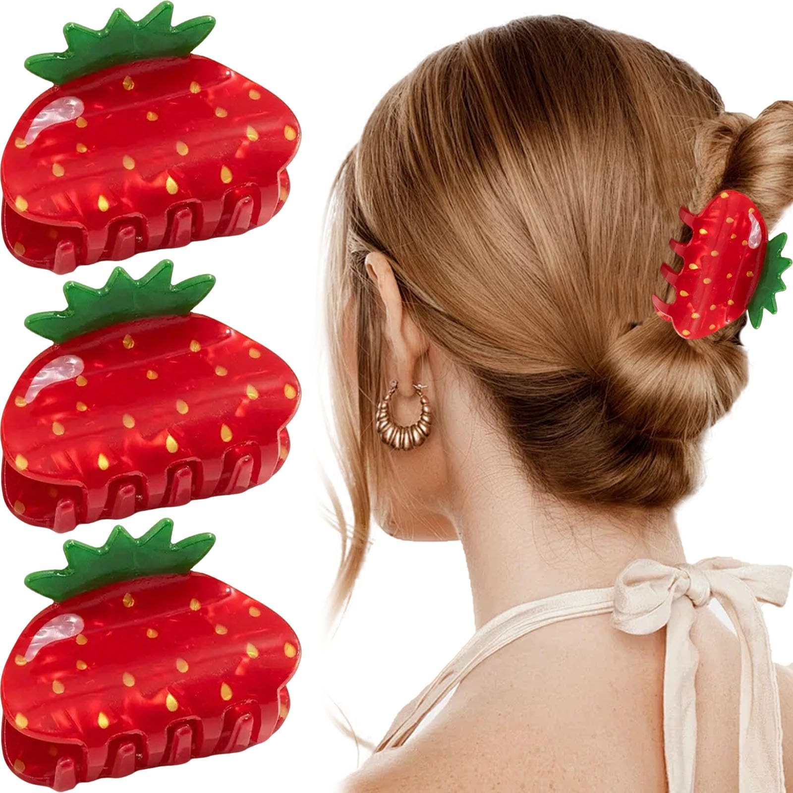 Strawberry Hair Clips for Women, Red and Green Fruit Design, And