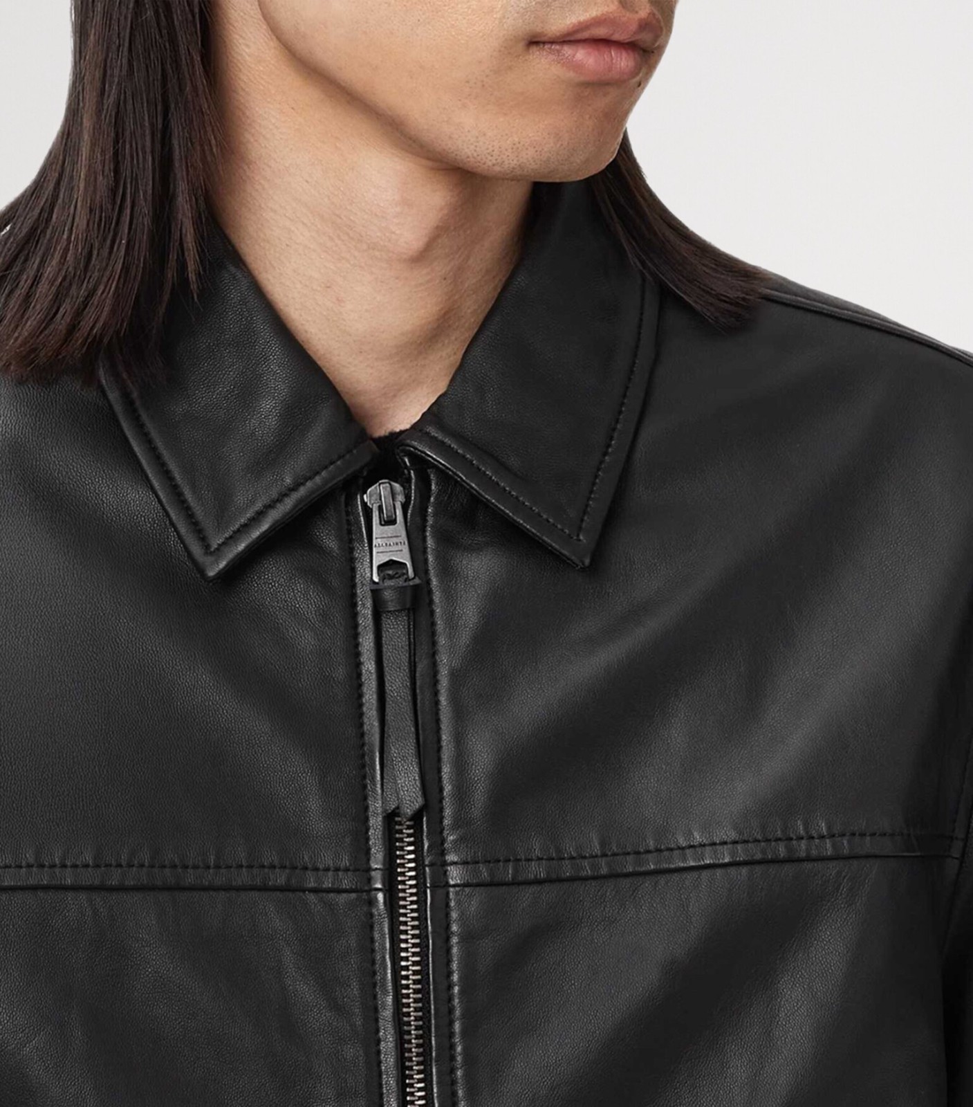 Men’s Black Classic Spread Collar Ribbed Cuff Sheepskin Leather Jacket for Men