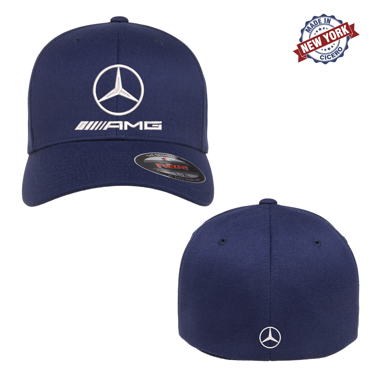 Mercedes-Benz AMG Logo Embroidered Flexfit Fitted Ball Cap Front & Back Stitch