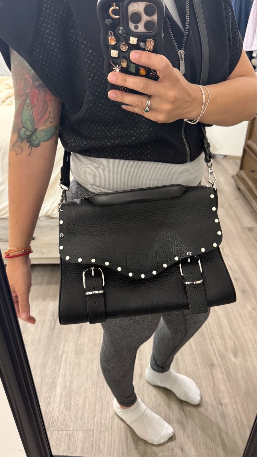 Rebecca Minkoff Black Pebbled Leather Studded Satchel Crossbody Bag