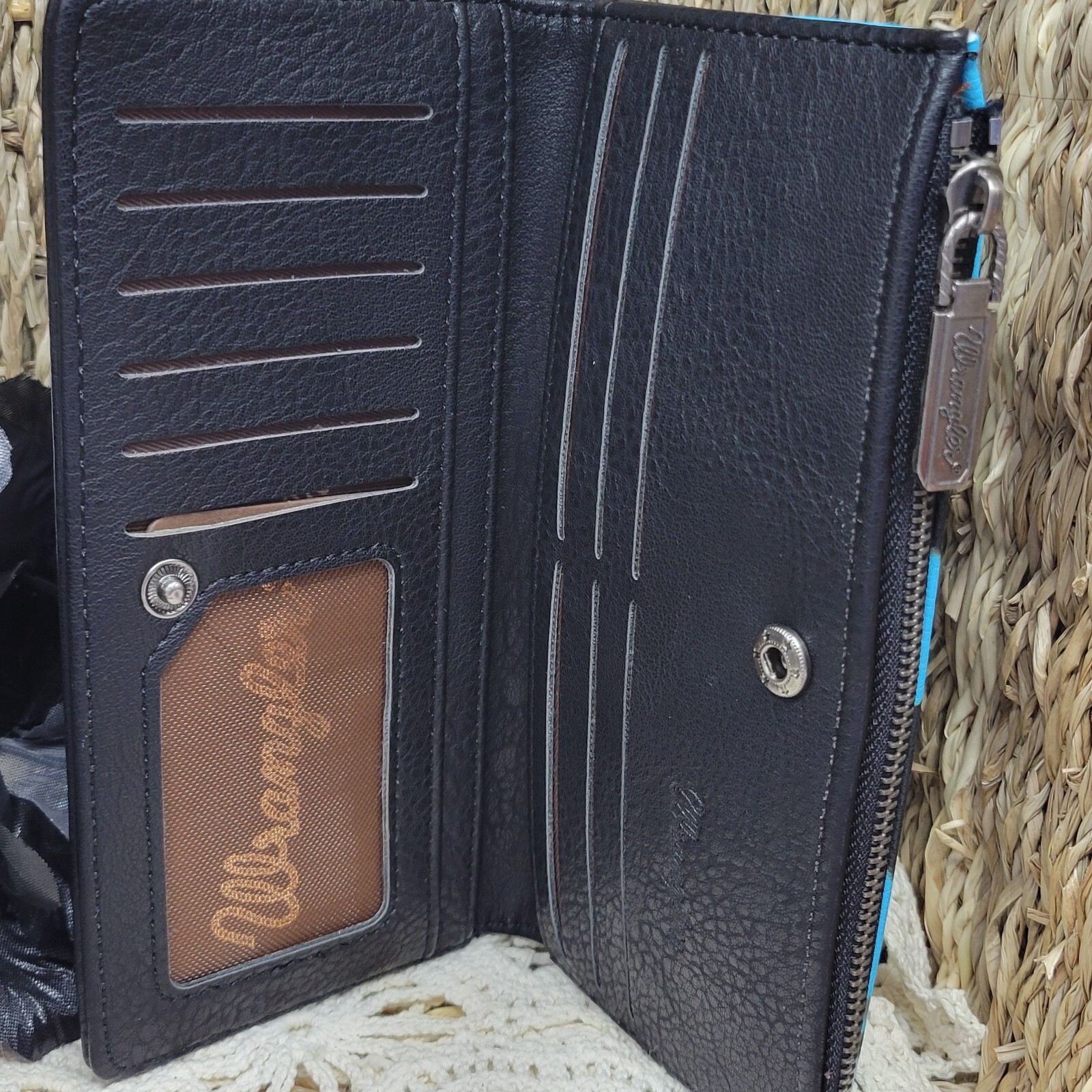 Wrangler Women’s Cow Print Bi-Fold Wallet Turquoise And Black 7.5 X 3.5 Inches