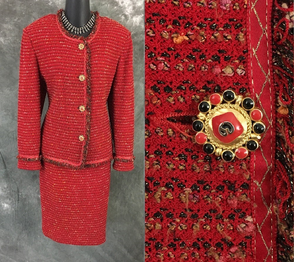 BEAUTIFUL St John couture knit red black fringe jacket skirt suit size 8 10