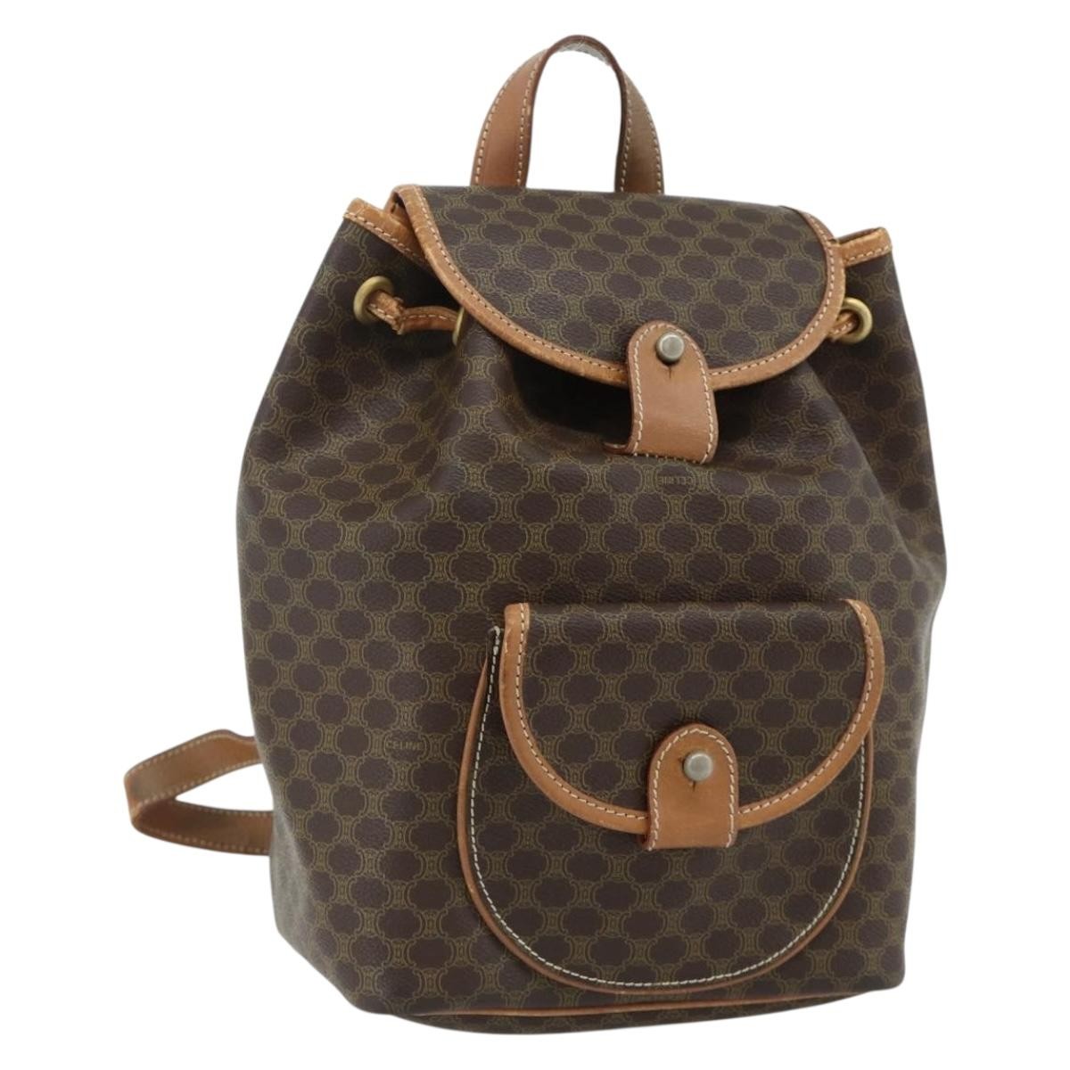 CELINE Macadam Canvas Backpack PVC Leather Brown Gold Auth bs34855