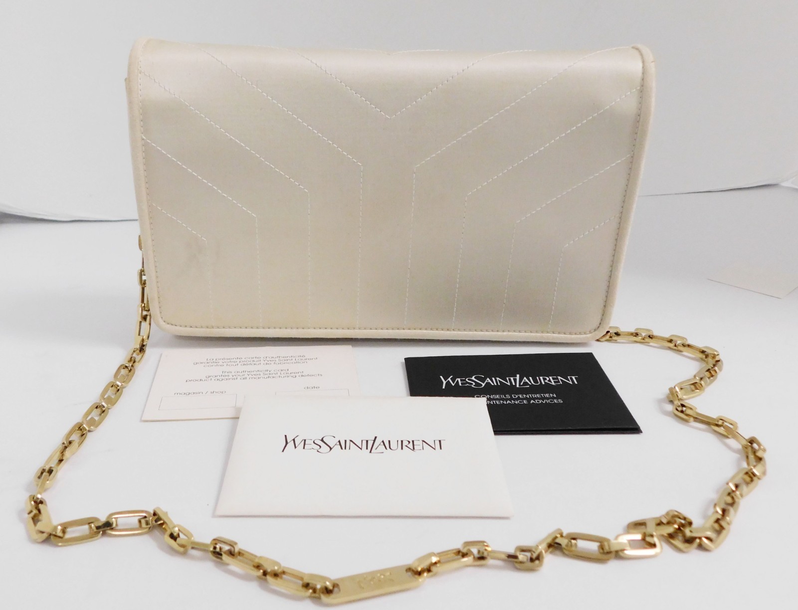 YVES SAINT LAURENT Champagne Stitched Fabric Gold Chain Shoulder Bag Clutch