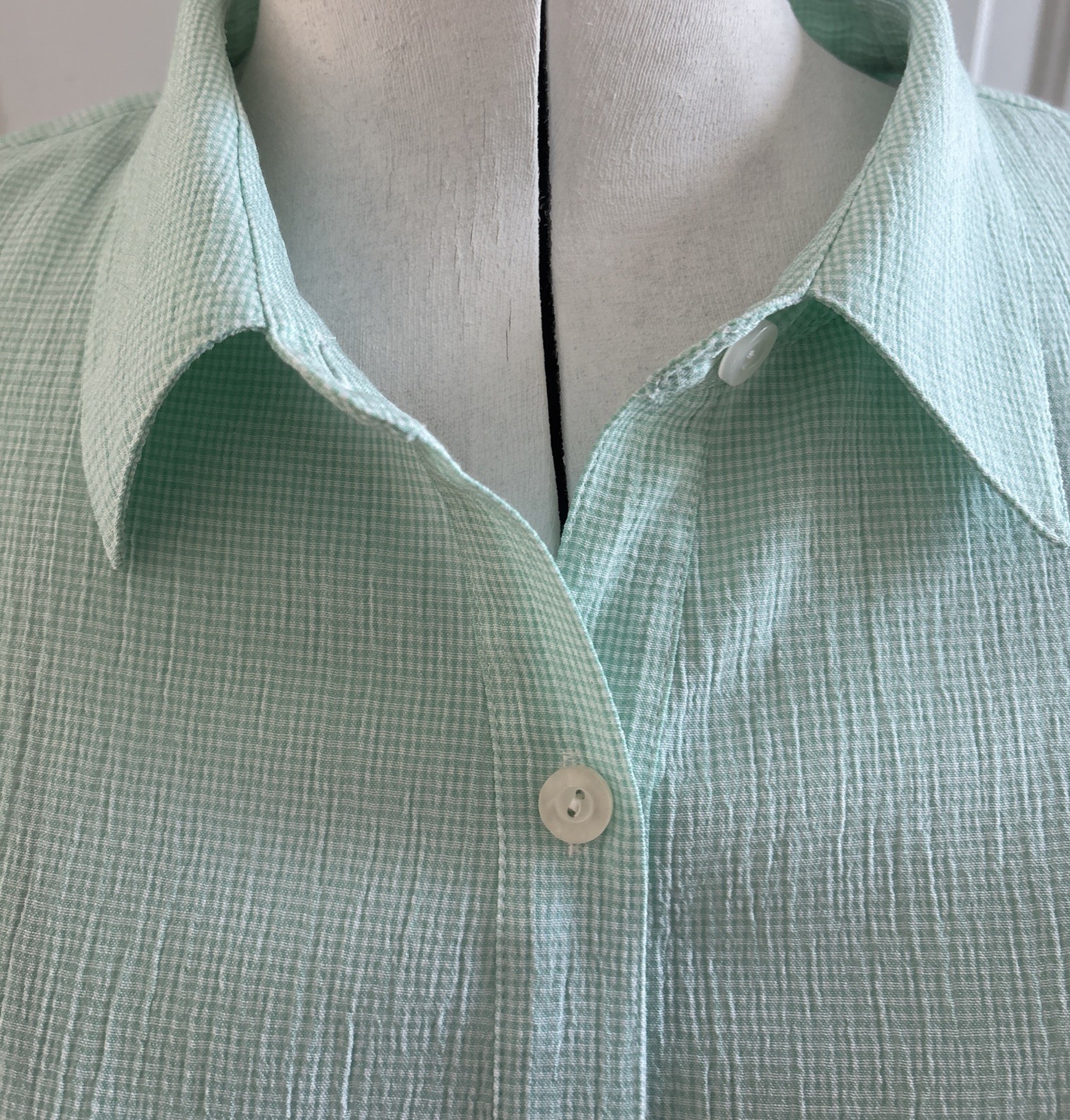 CJ Banks Blouse 3X Mint Green&White Check 3/4 Sleeves Button Down Casual READ!!!