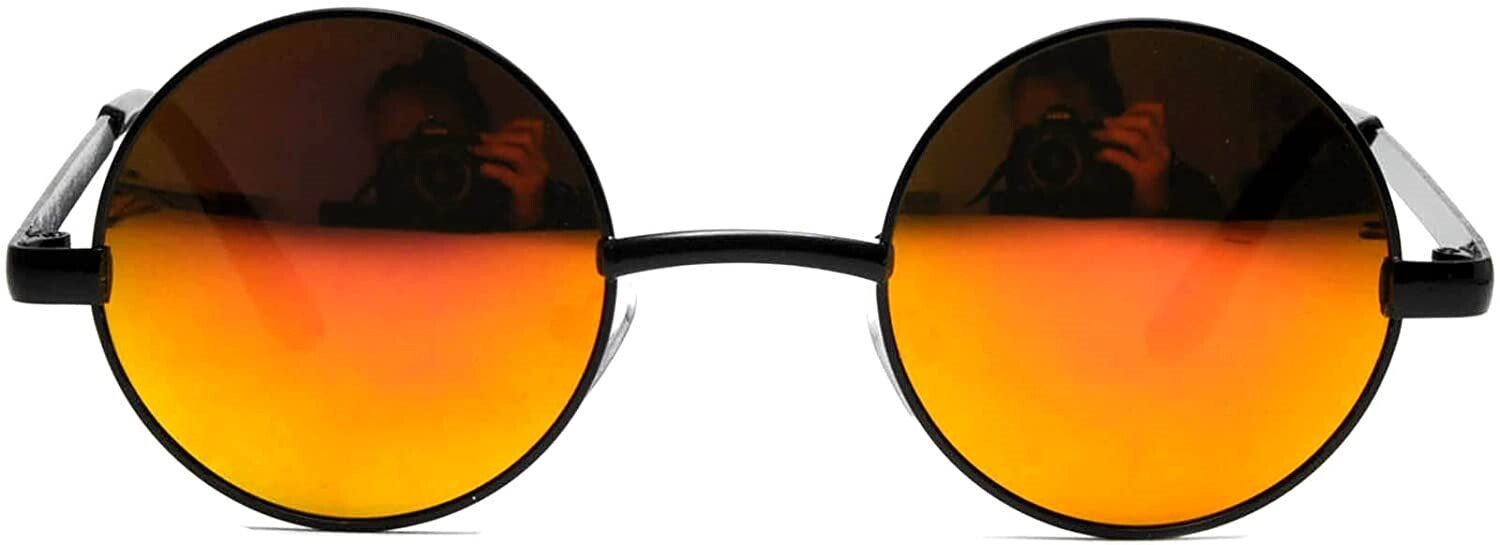ROUND SUNGLASSES RED MIRROR LENS 43mm BLACK METAL FRAME ONE PAIR SMALL LENS