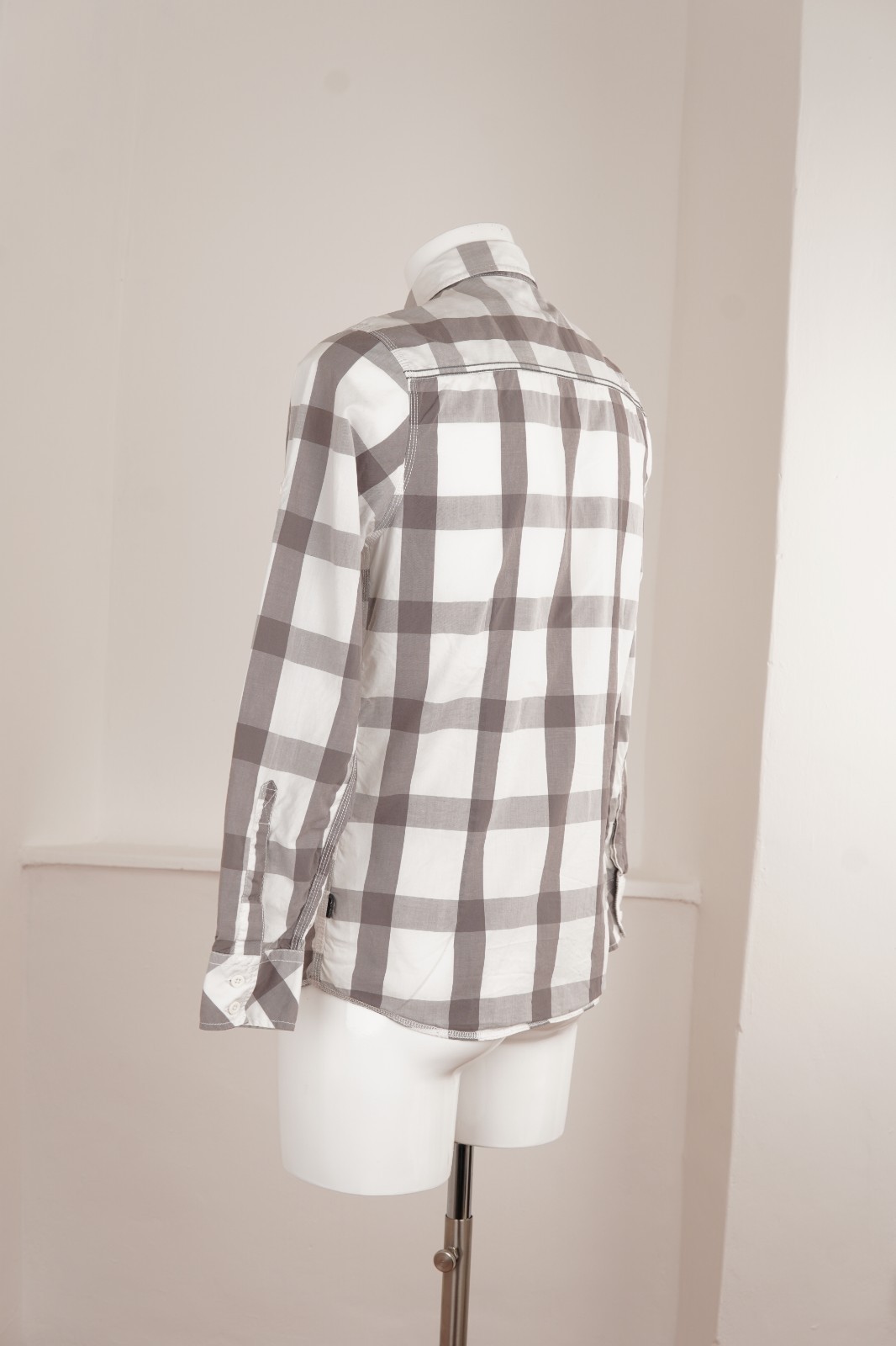 Vintage Blend Plaid Shirt Grey White Cotton Casual Mens M
