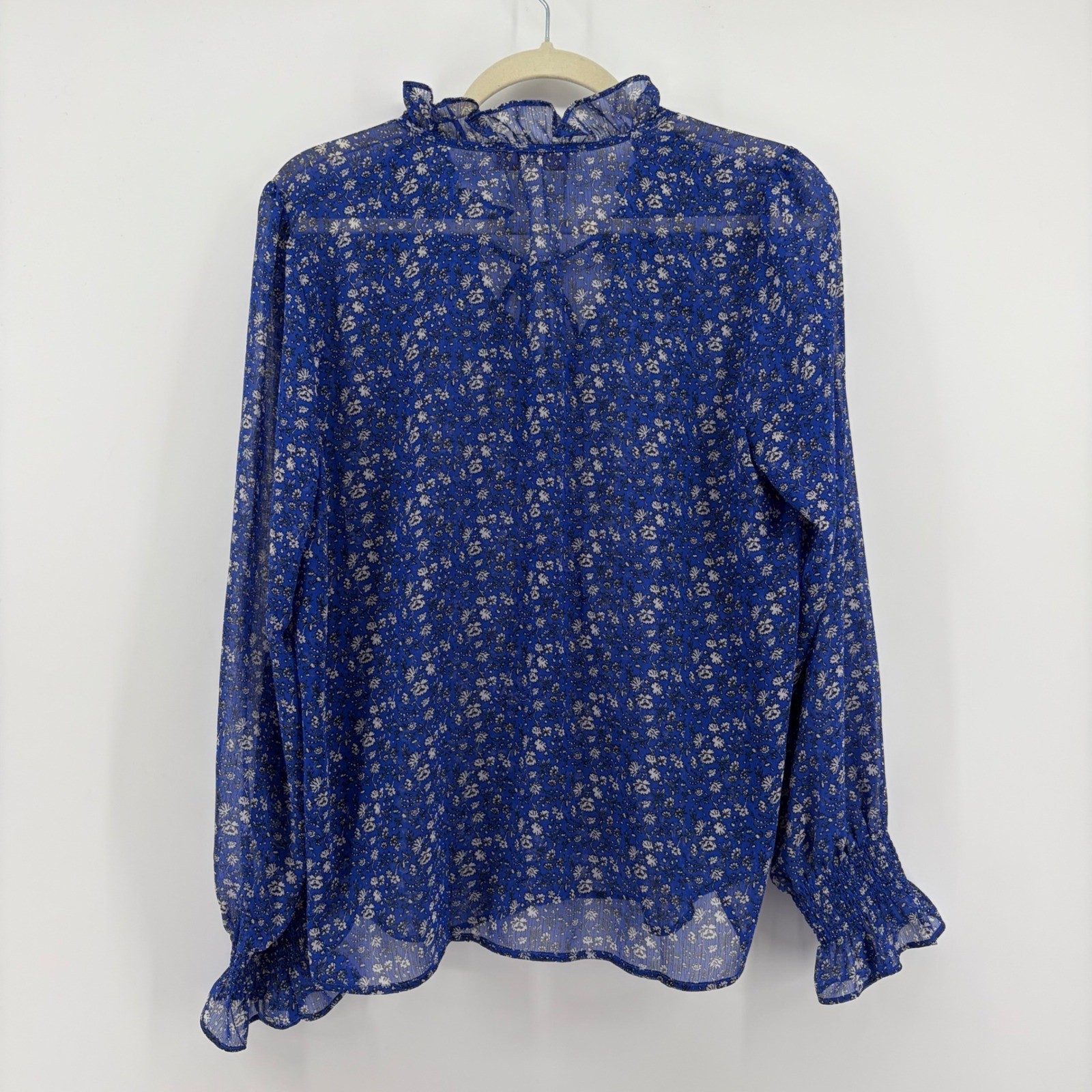 LOFT Floral Blouse Blue Womens Size M Ruffle Neck Smocked Cuff Sheer Top