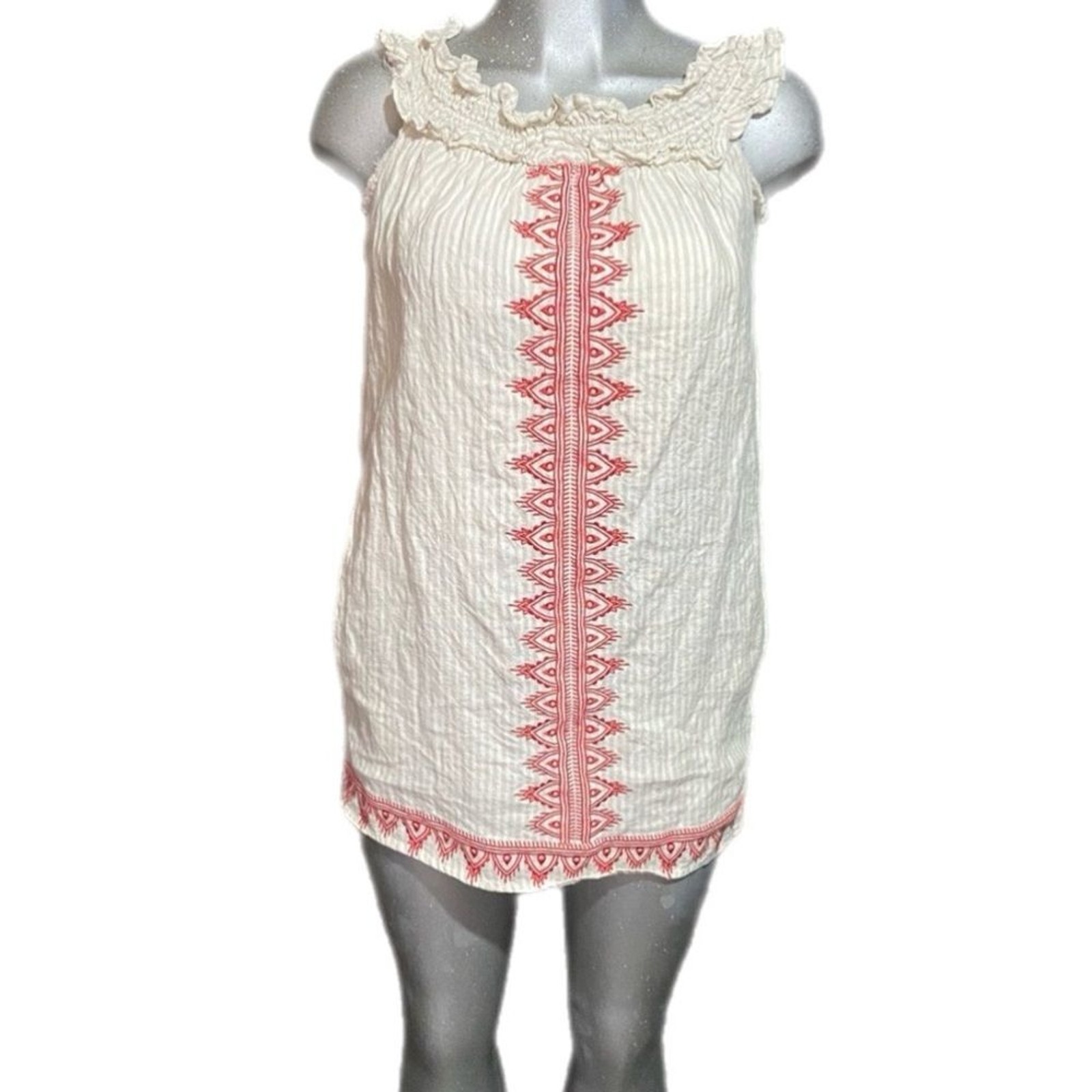 TJD Embroidered Linen Sleeveless Tunic Mini Dress Mexican Peasant Pockets Small