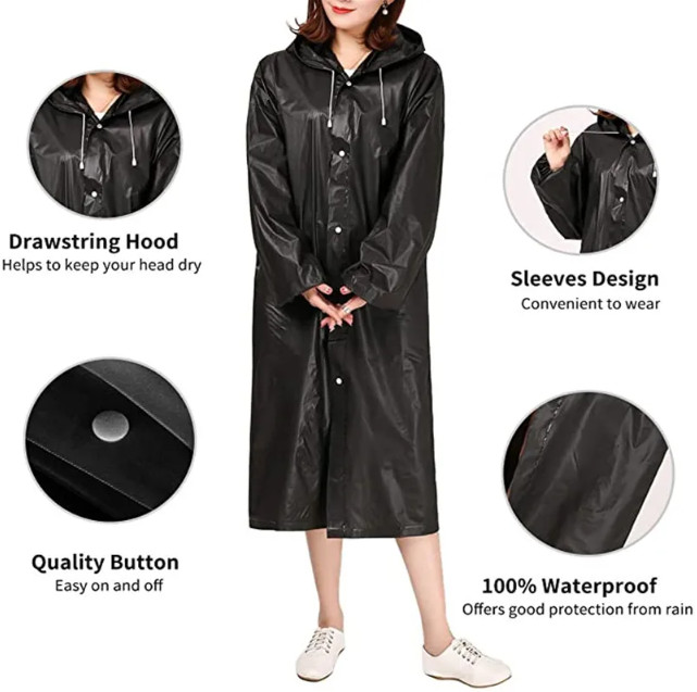 Men Black Waterproof Long Raincoat Rain Coat Hooded Trench Jacket Outdoor Hiking