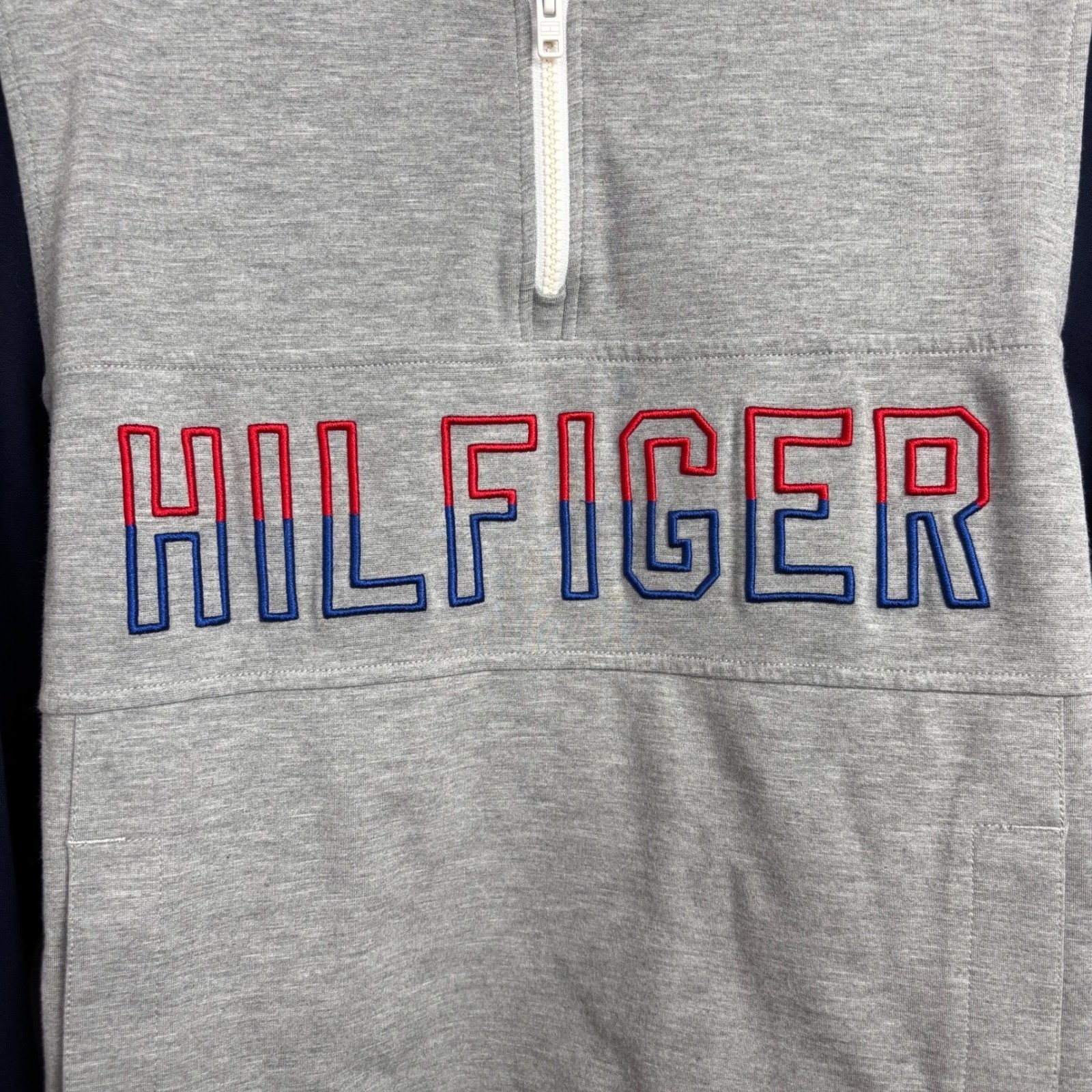 Tommy Hilfiger Men’s 1/4 Zip Pullover Kangaroo Pocket Spellout Gray Medium