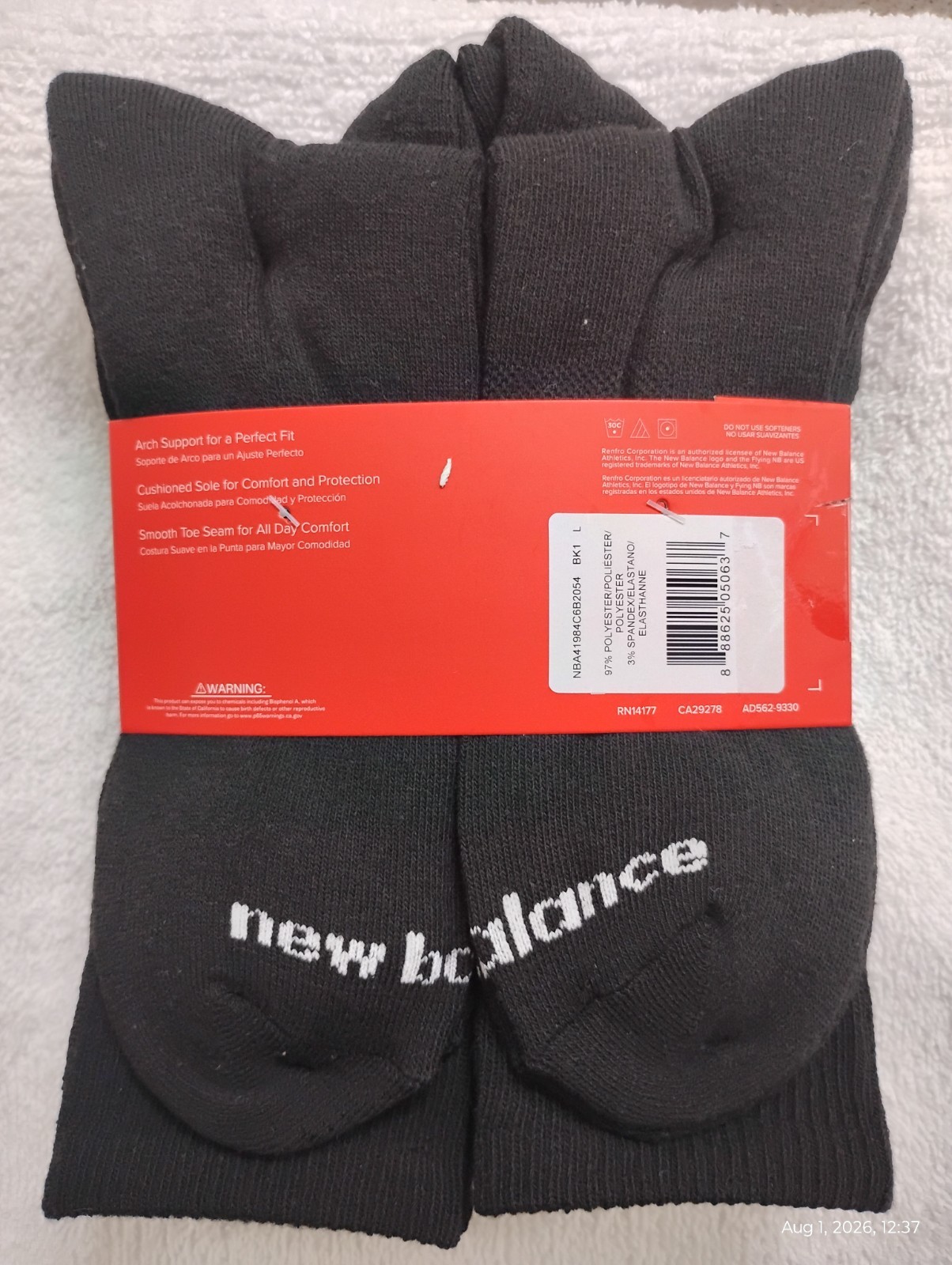 New Balance Crew Socks Black Cushioned Arch Support 6 Pairs Men’s 8.5-12.5