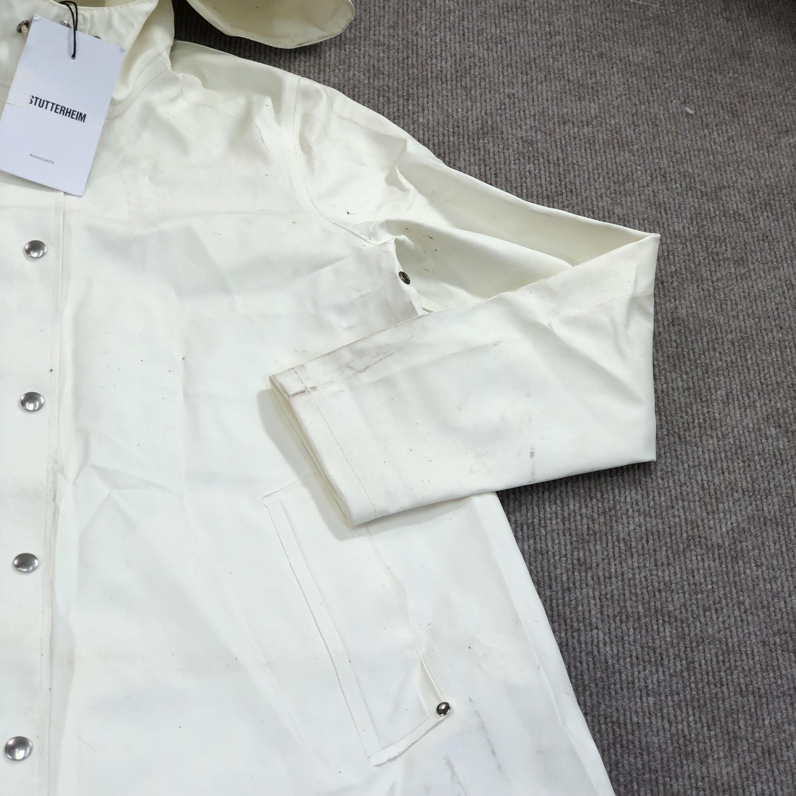 Stutterheim Mosebacke Rain Coat Womens M White Hooded Rubberized Waterproof