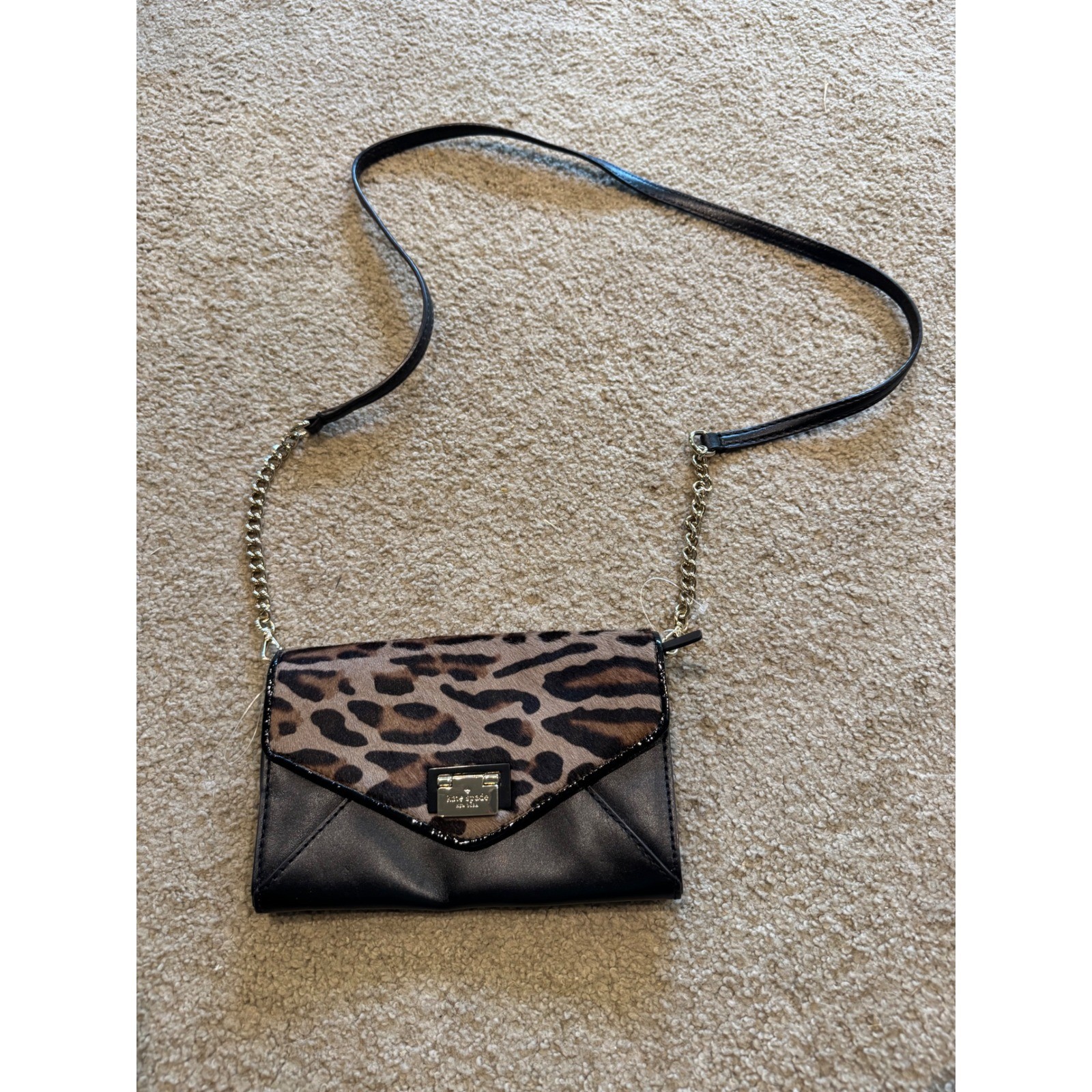 Kate Spade Leopard Print Calf Hair Crossbody Bag Black Leather Envelope Clutch