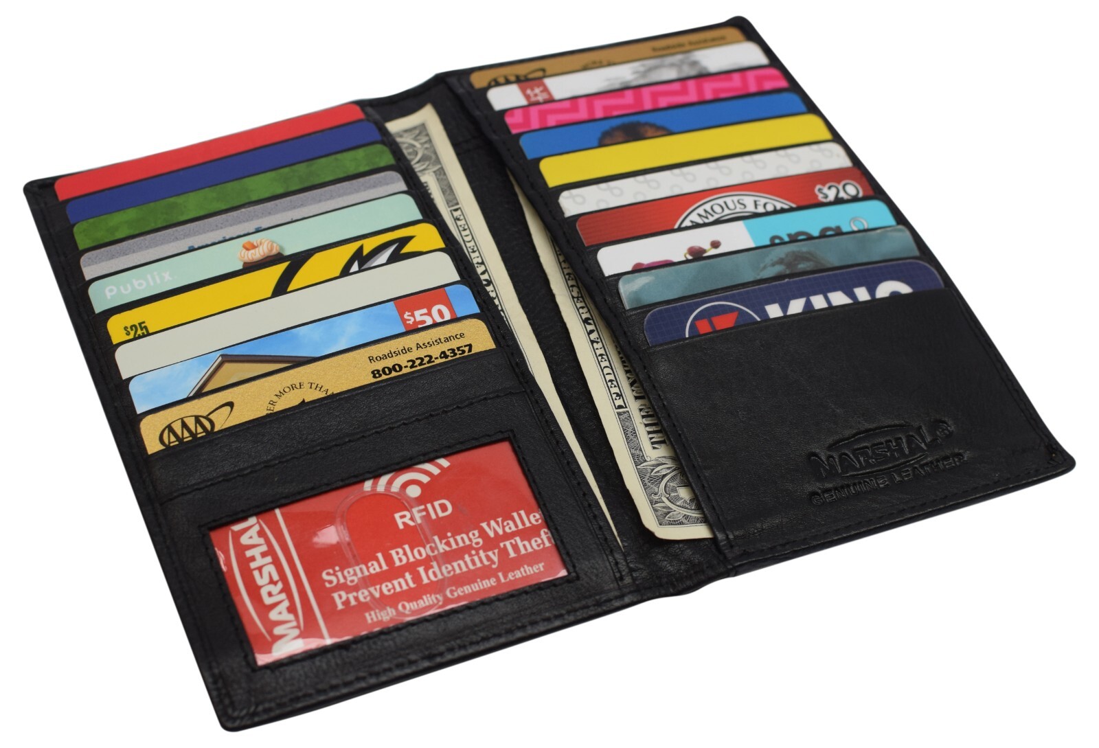 Black Genuine Leather Long Bifold ID Credit Card Money Holder Wallet Organizer.