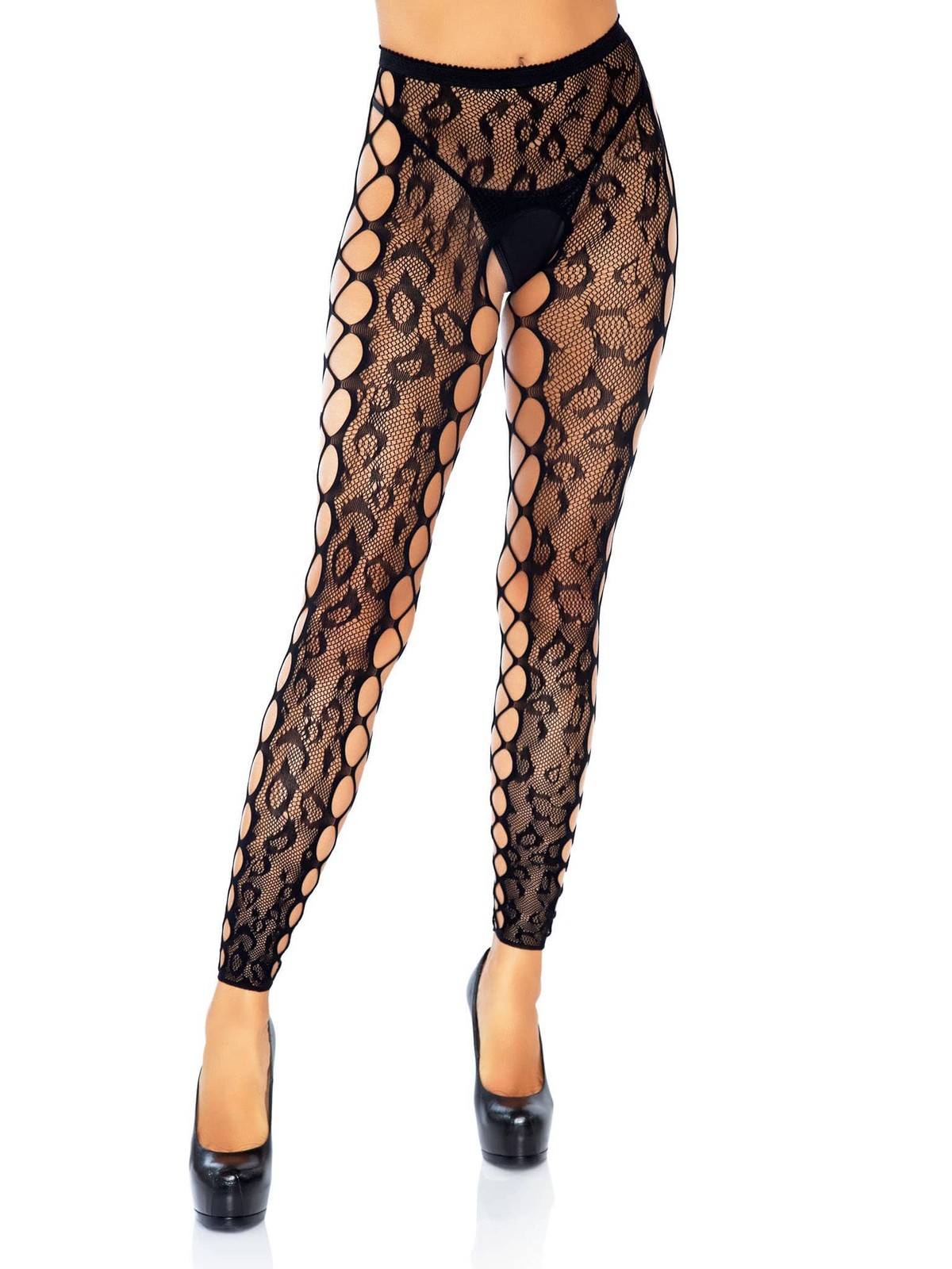 Footless Leopard Lace Crotchless Tights – Black