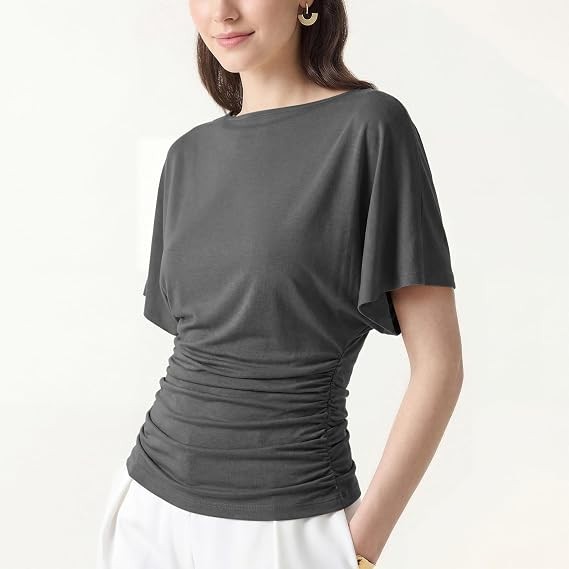 OGL x Sandwashed Effortless Boatneck Batwing Sleeve Side Ruched Top, Shadow