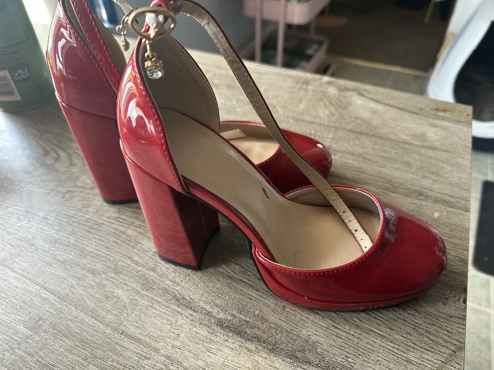 Women’s Red Patent Leather Strappy Ankle Strap Round Toe Block Heel Pumps 6.5