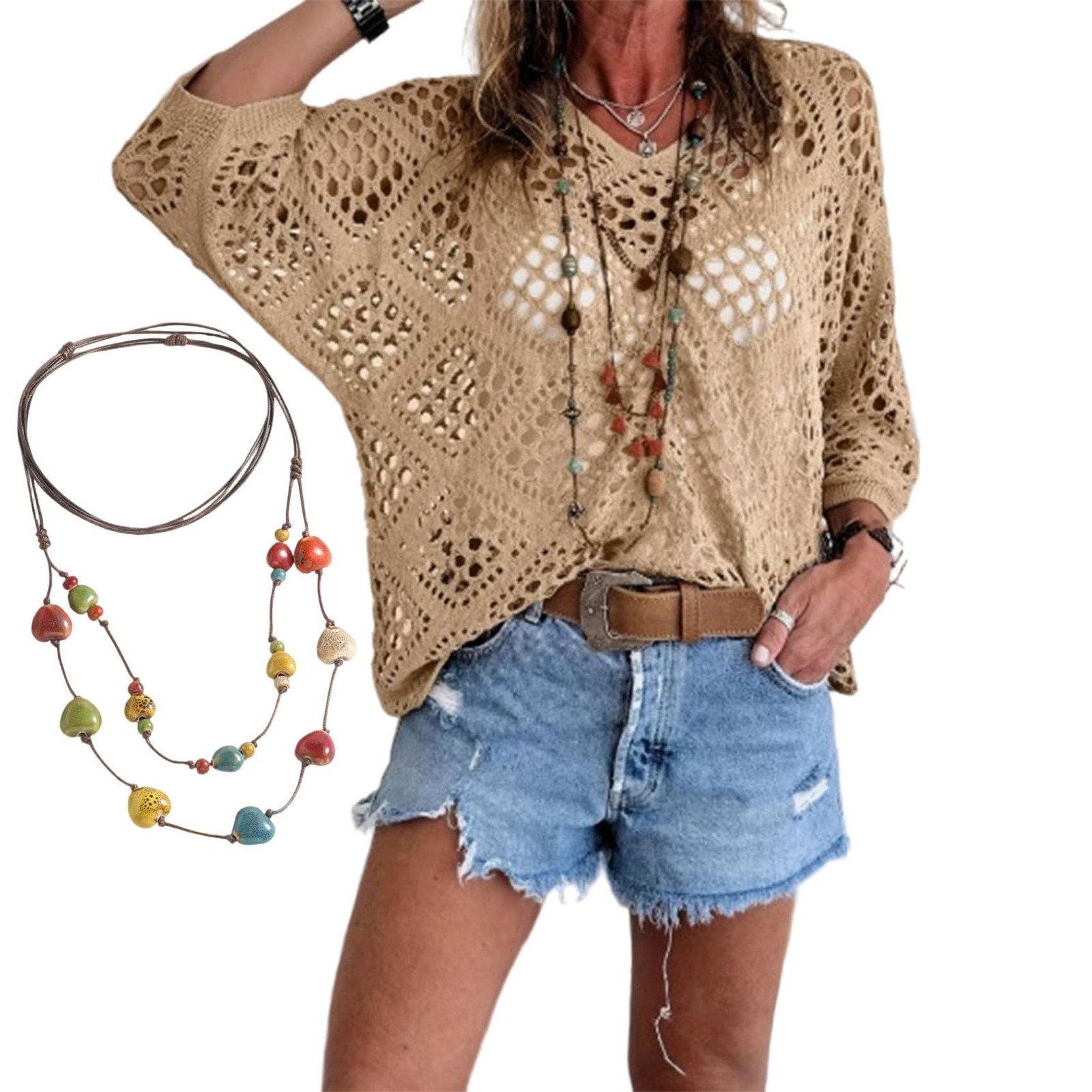 Women’s Bohemian-Inspired Beige Crochet Top with V-Neck